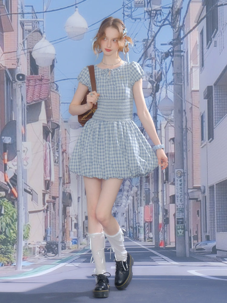 Plaid Waist Shirring Puff Sleeve Bud Dress【s0000013065】