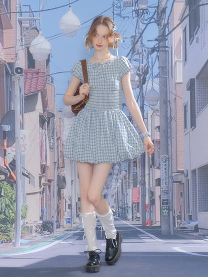 Plaid Waist Shirring Puff Sleeve Bud Dress【s0000013065】