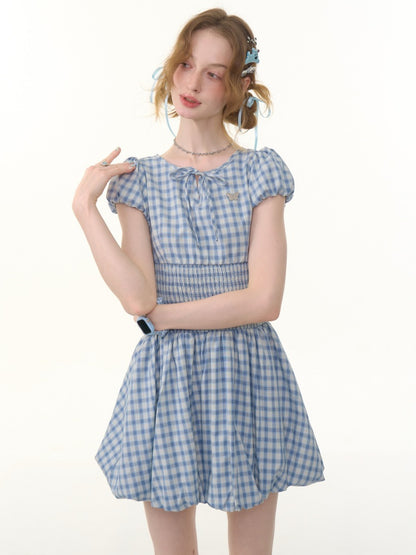 Plaid Waist Shirring Puff Sleeve Bud Dress【s0000013065】