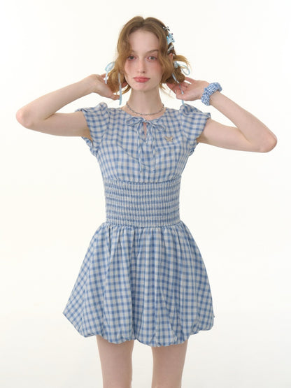 Plaid Waist Shirring Puff Sleeve Bud Dress【s0000013065】