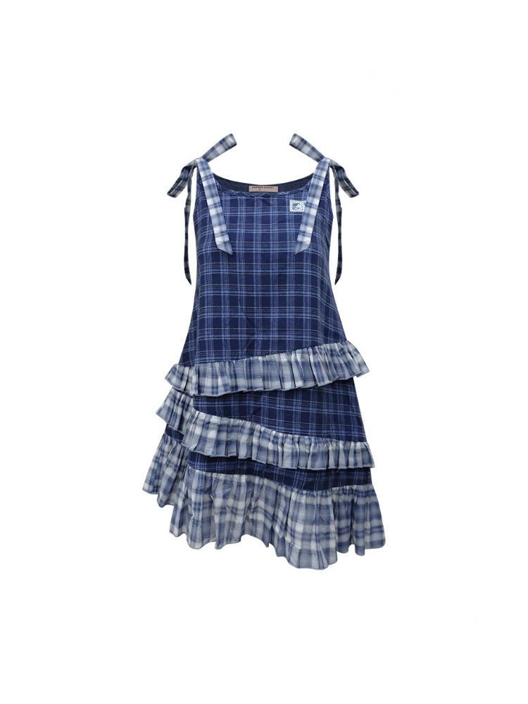 Shoulder Ribbon Tiered Frill Irregular Hem Plaid Slip Dress【s0000013066】