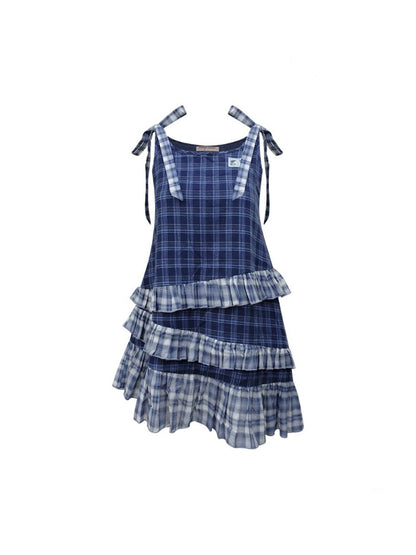 Shoulder Ribbon Tiered Frill Irregular Hem Plaid Slip Dress【s0000013066】