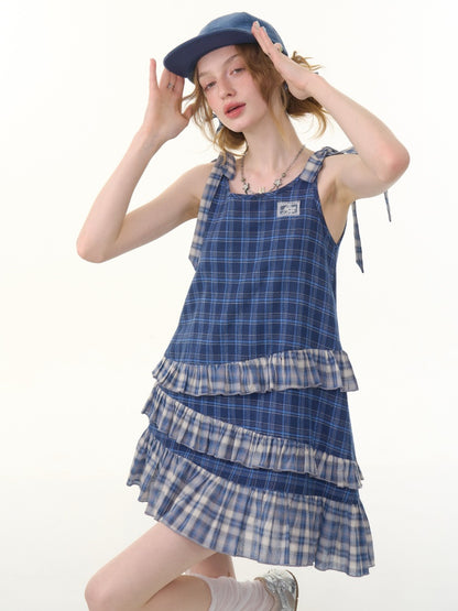 Shoulder Ribbon Tiered Frill Irregular Hem Plaid Slip Dress【s0000013066】