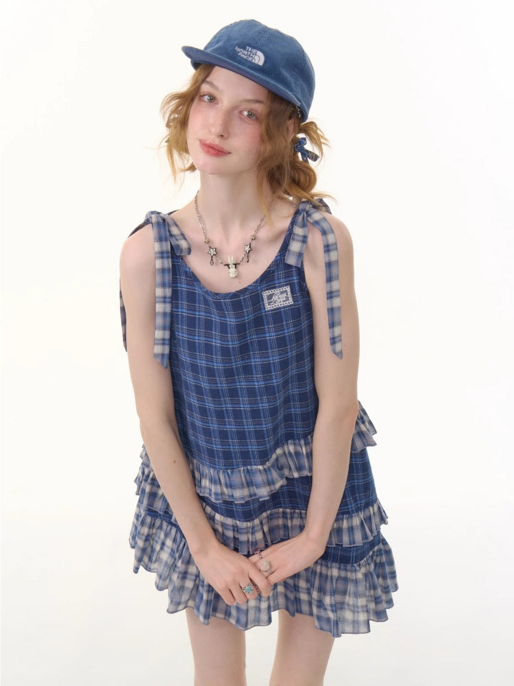 Shoulder Ribbon Tiered Frill Irregular Hem Plaid Slip Dress【s0000013066】
