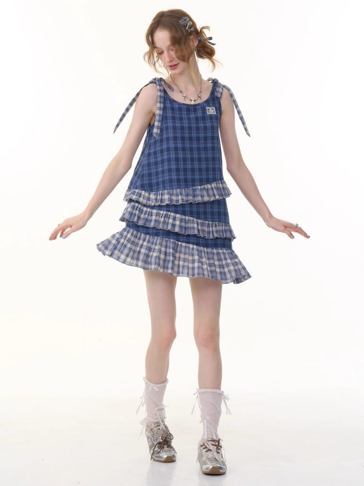Shoulder Ribbon Tiered Frill Irregular Hem Plaid Slip Dress【s0000013066】