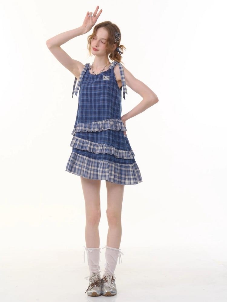 Shoulder Ribbon Tiered Frill Irregular Hem Plaid Slip Dress【s0000013066】