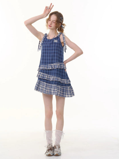 Shoulder Ribbon Tiered Frill Irregular Hem Plaid Slip Dress【s0000013066】