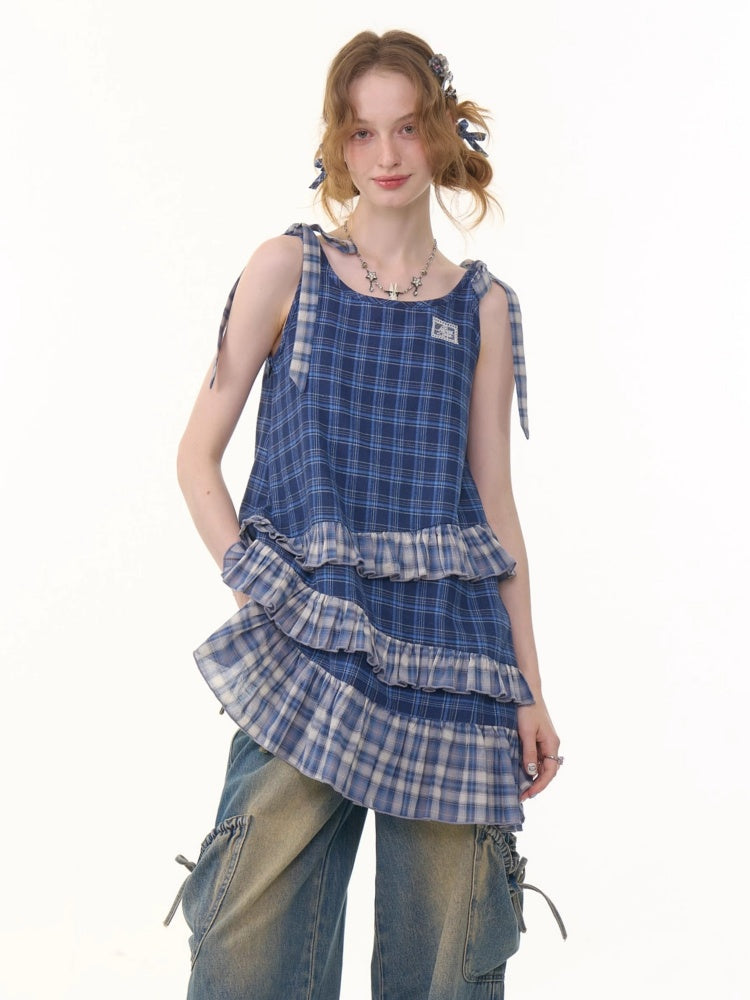 Shoulder Ribbon Tiered Frill Irregular Hem Plaid Slip Dress【s0000013066】