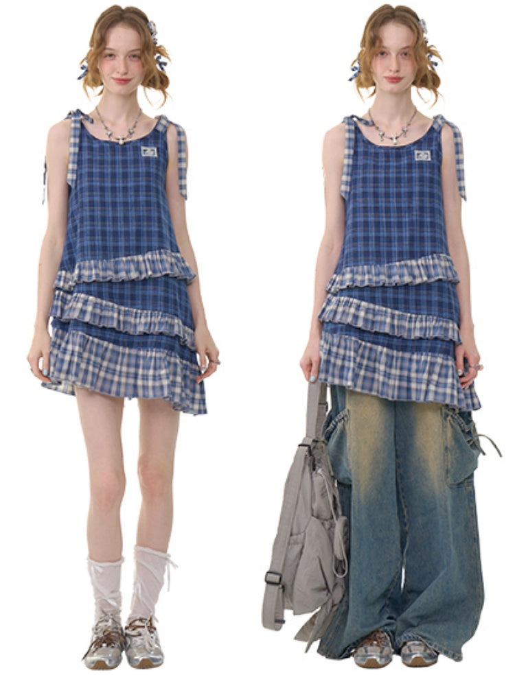 Shoulder Ribbon Tiered Frill Irregular Hem Plaid Slip Dress【s0000013066】