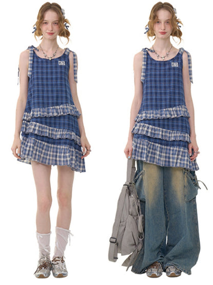 Shoulder Ribbon Tiered Frill Irregular Hem Plaid Slip Dress【s0000013066】