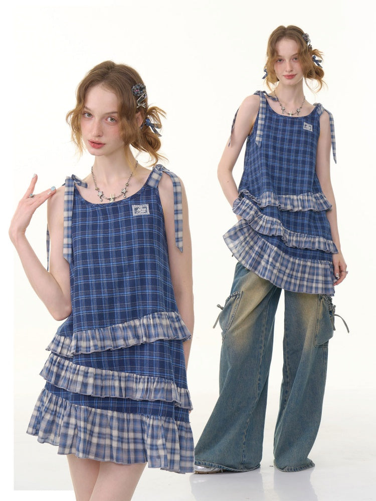 Shoulder Ribbon Tiered Frill Irregular Hem Plaid Slip Dress【s0000013066】