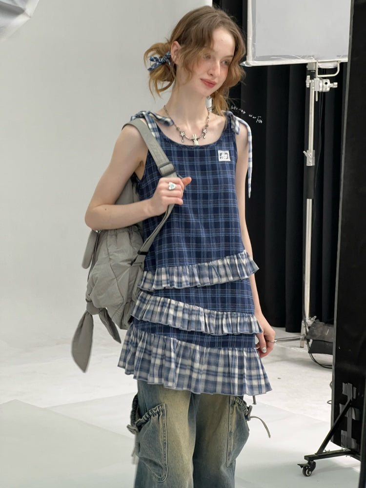 Shoulder Ribbon Tiered Frill Irregular Hem Plaid Slip Dress【s0000013066】