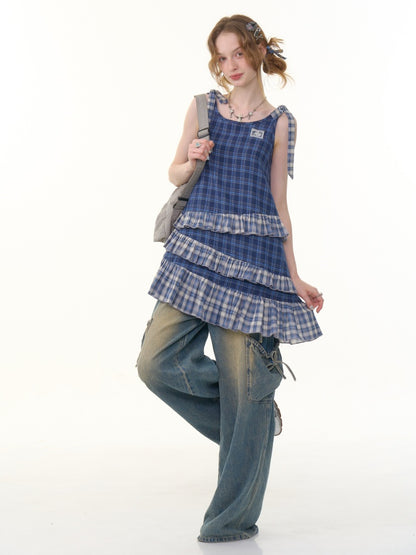 Shoulder Ribbon Tiered Frill Irregular Hem Plaid Slip Dress【s0000013066】