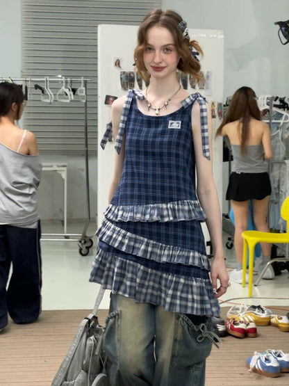 Shoulder Ribbon Tiered Frill Irregular Hem Plaid Slip Dress【s0000013066】