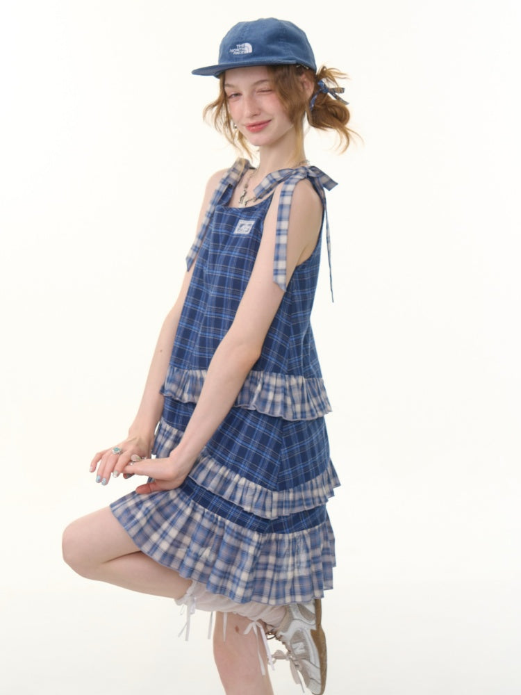Shoulder Ribbon Tiered Frill Irregular Hem Plaid Slip Dress【s0000013066】