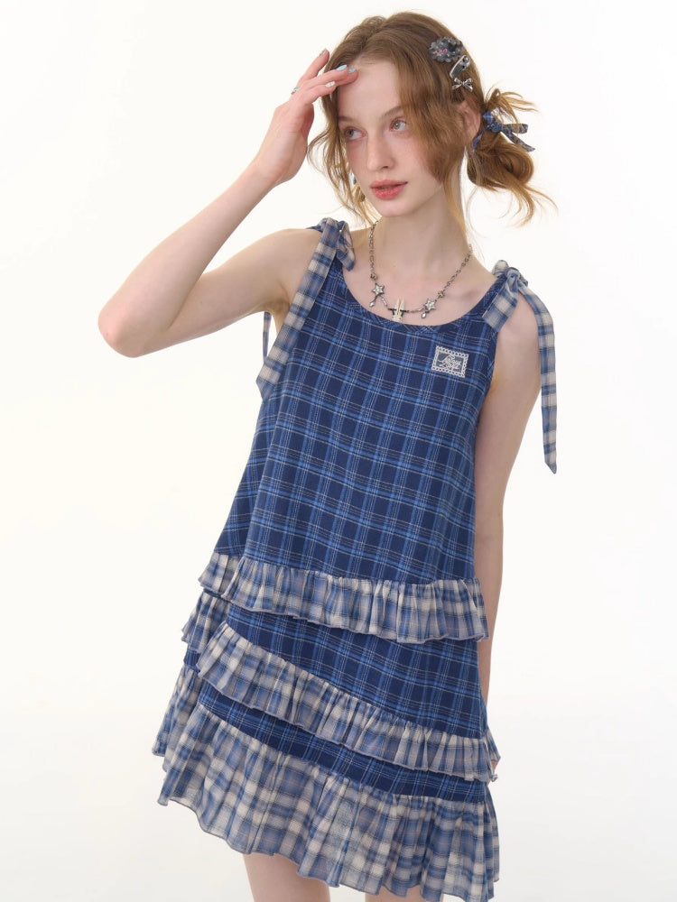 Shoulder Ribbon Tiered Frill Irregular Hem Plaid Slip Dress【s0000013066】