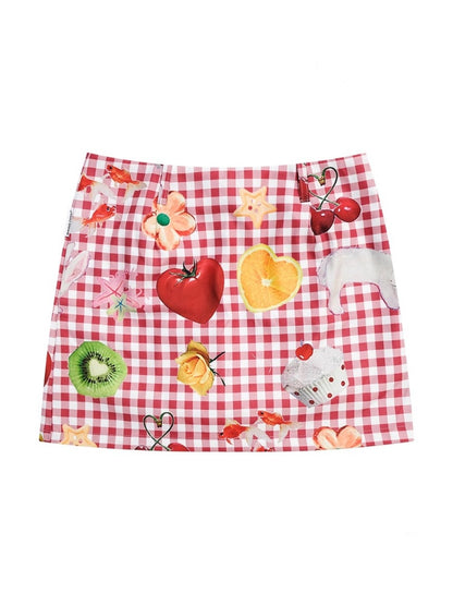 Fruit Print Plaid High Waist Skirt【s0000013069】