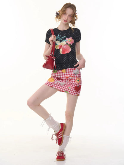 Fruit Print Plaid High Waist Skirt【s0000013069】