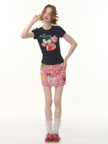 Fruit Print Plaid High Waist Skirt【s0000013069】