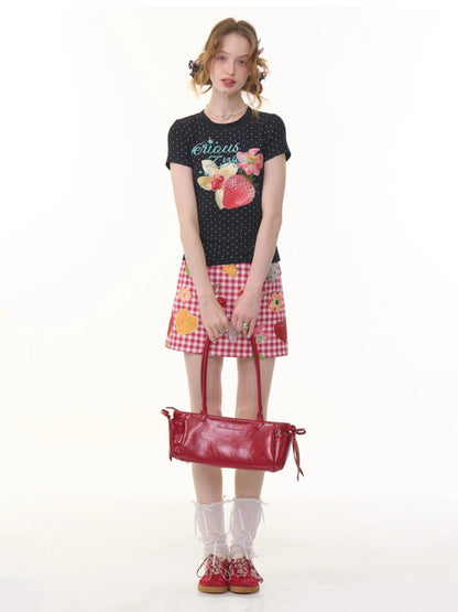 Fruit Print Plaid High Waist Skirt【s0000013069】