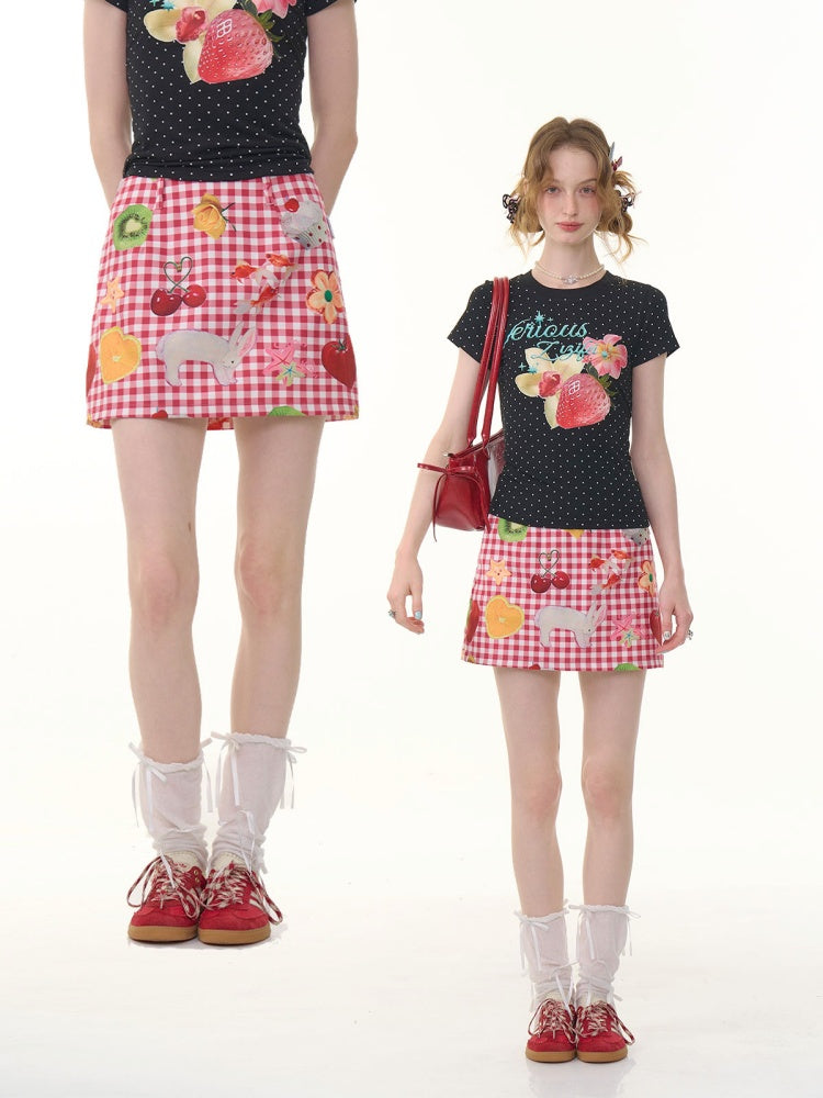 Fruit Print Plaid High Waist Skirt【s0000013069】