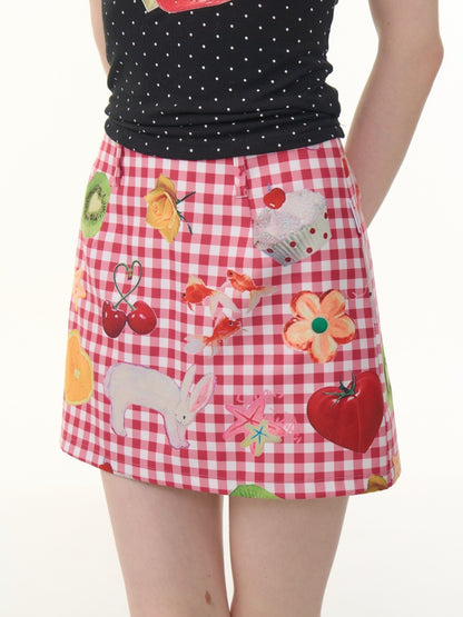 Fruit Print Plaid High Waist Skirt【s0000013069】