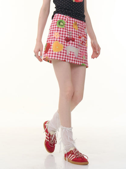 Fruit Print Plaid High Waist Skirt【s0000013069】