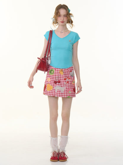 Fruit Print Plaid High Waist Skirt【s0000013069】