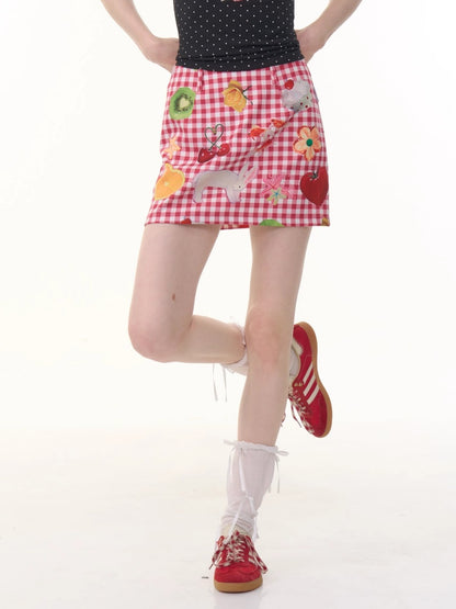 Fruit Print Plaid High Waist Skirt【s0000013069】