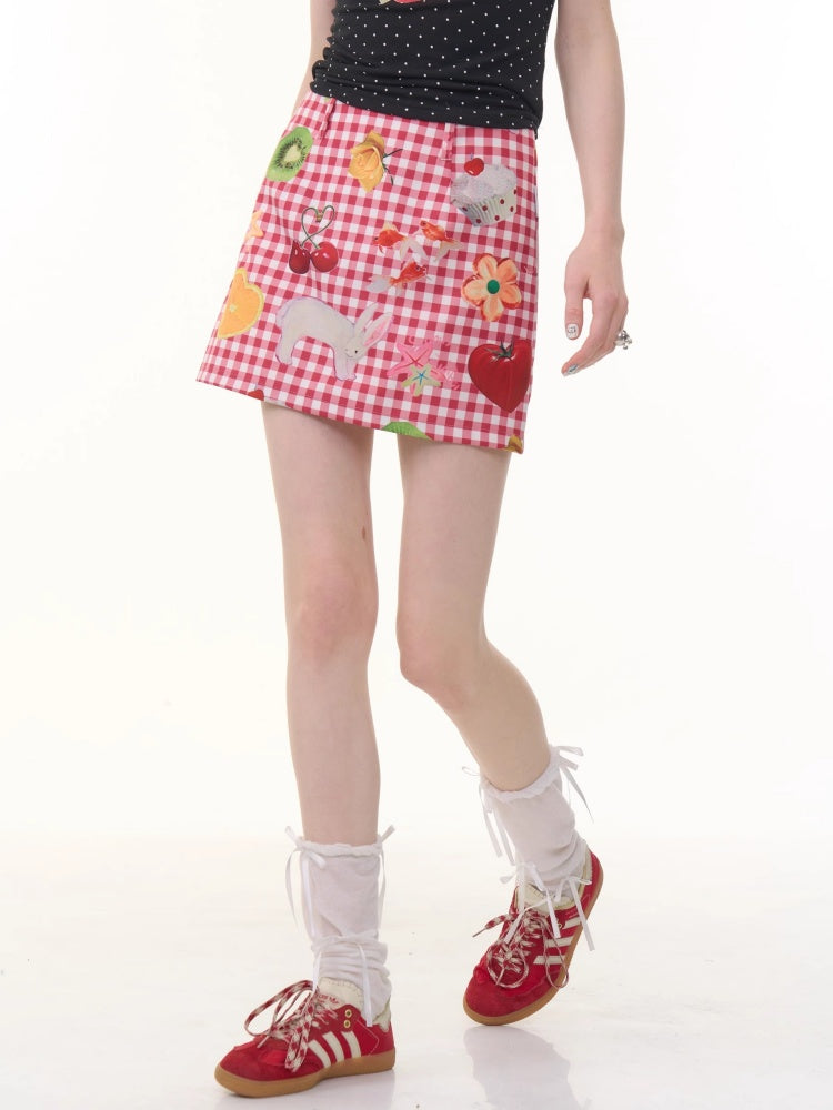 Fruit Print Plaid High Waist Skirt【s0000013069】