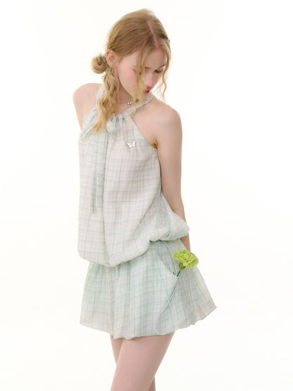 Lace-Up Bubble Halter Neck Plaid Camisole【s0000013070】