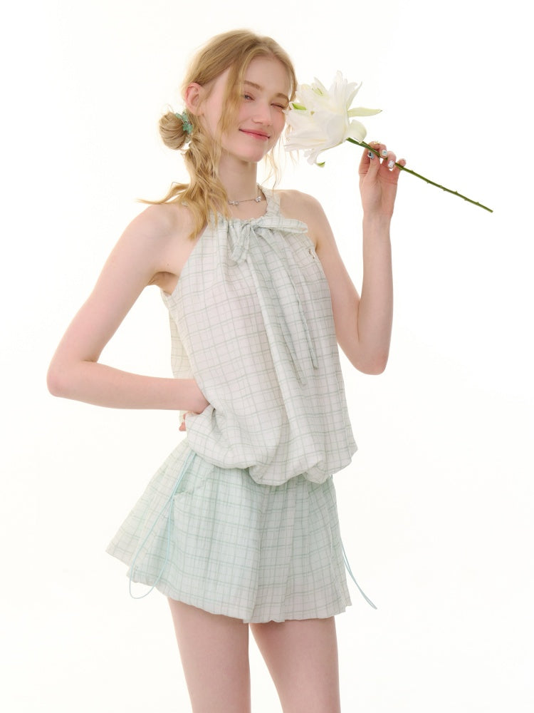 Lace-Up Bubble Halter Neck Plaid Camisole【s0000013070】