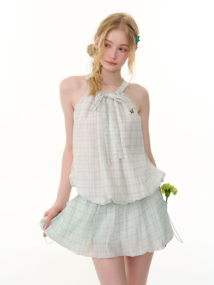Lace-Up Bubble Halter Neck Plaid Camisole【s0000013070】