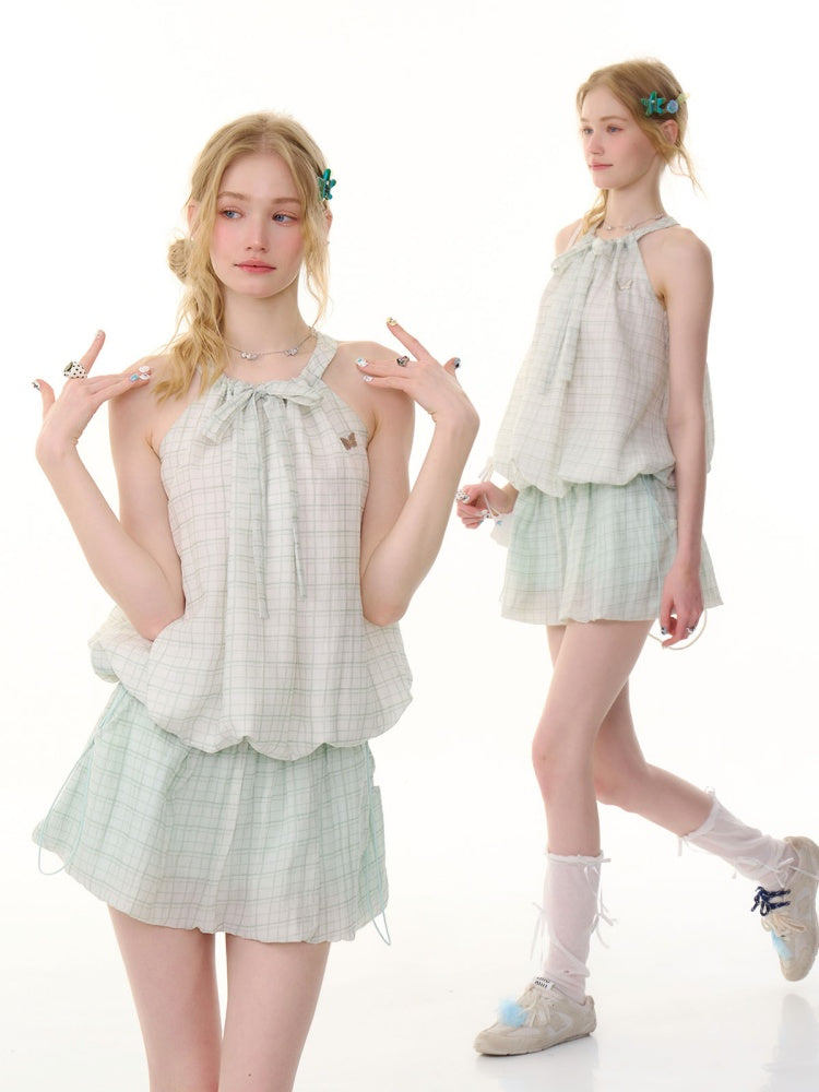 Lace-Up Bubble Halter Neck Plaid Camisole【s0000013070】