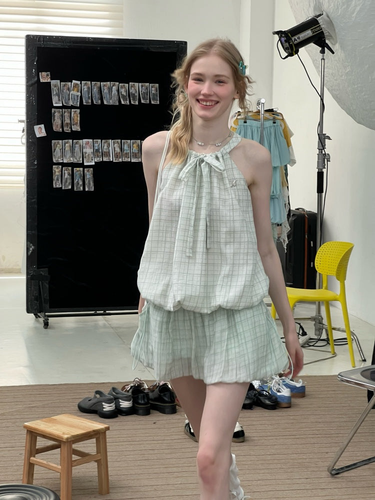 Lace-Up Bubble Halter Neck Plaid Camisole【s0000013070】