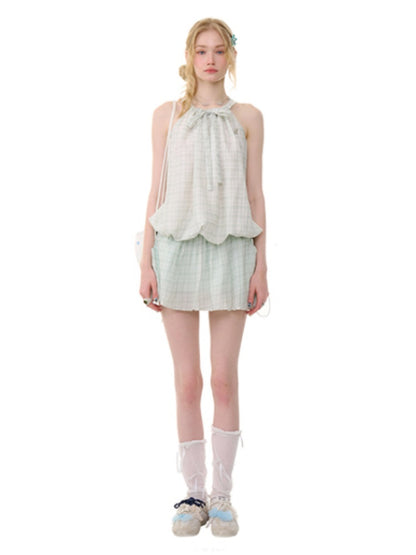 Lace-Up Bubble Halter Neck Plaid Camisole【s0000013070】