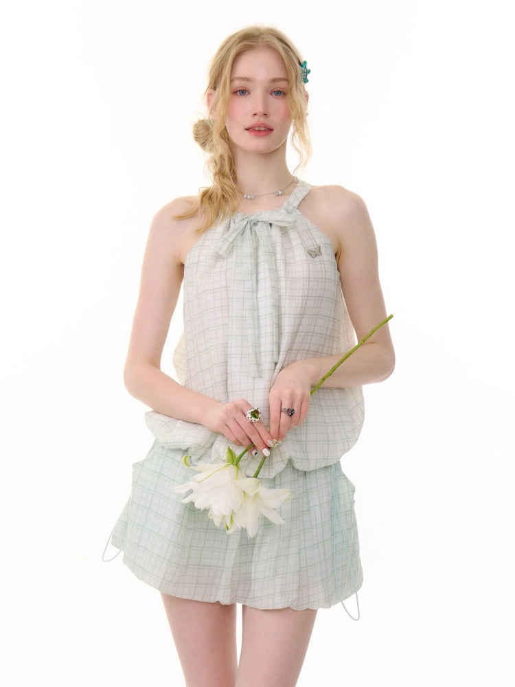Lace-Up Bubble Halter Neck Plaid Camisole【s0000013070】