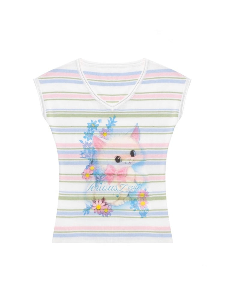 Color Striped Cat Print V-Neck Short Sleeve T-Shirt【s0000013071】