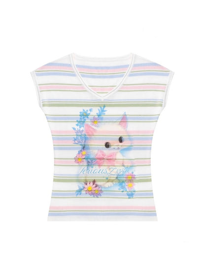 Color Striped Cat Print V-Neck Short Sleeve T-Shirt【s0000013071】