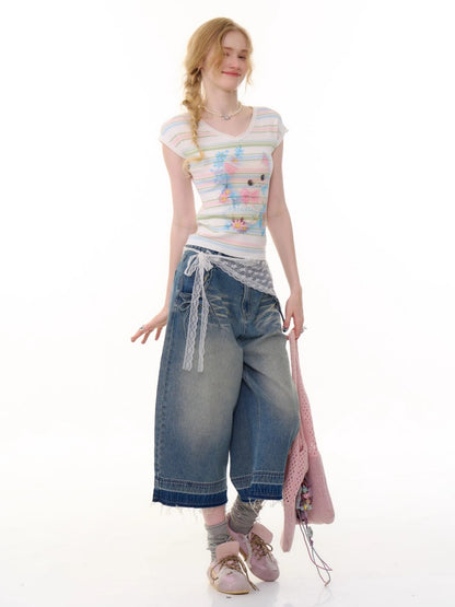 Color Striped Cat Print V-Neck Short Sleeve T-Shirt【s0000013071】