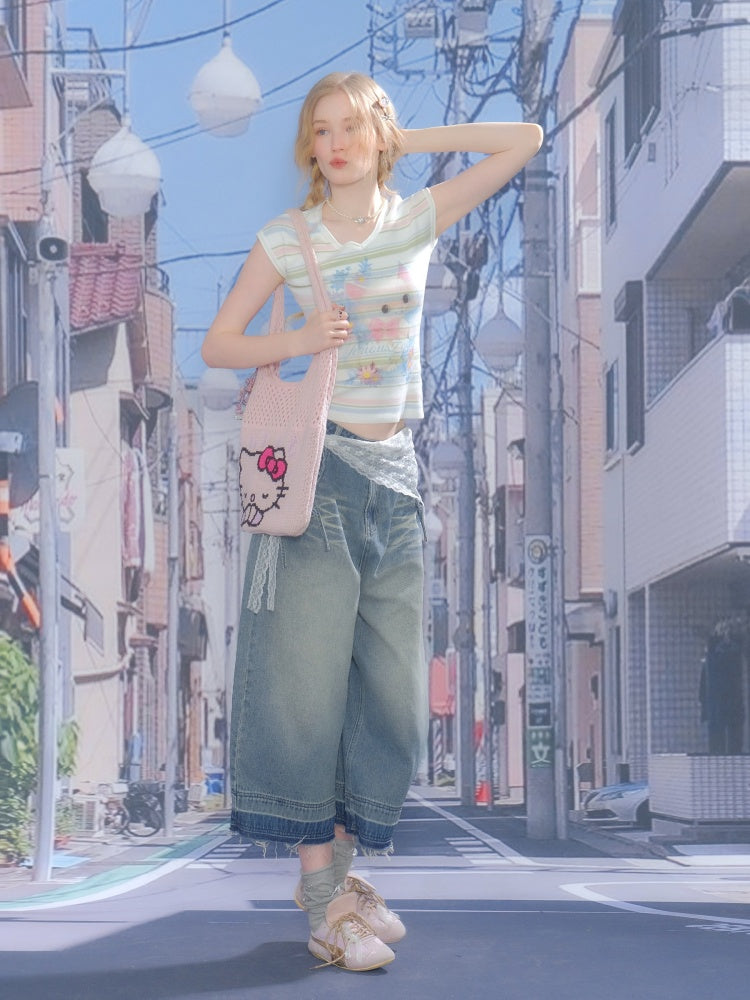 Color Striped Cat Print V-Neck Short Sleeve T-Shirt【s0000013071】