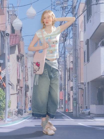 Color Striped Cat Print V-Neck Short Sleeve T-Shirt【s0000013071】