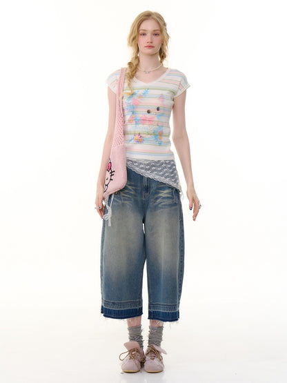 Color Striped Cat Print V-Neck Short Sleeve T-Shirt【s0000013071】