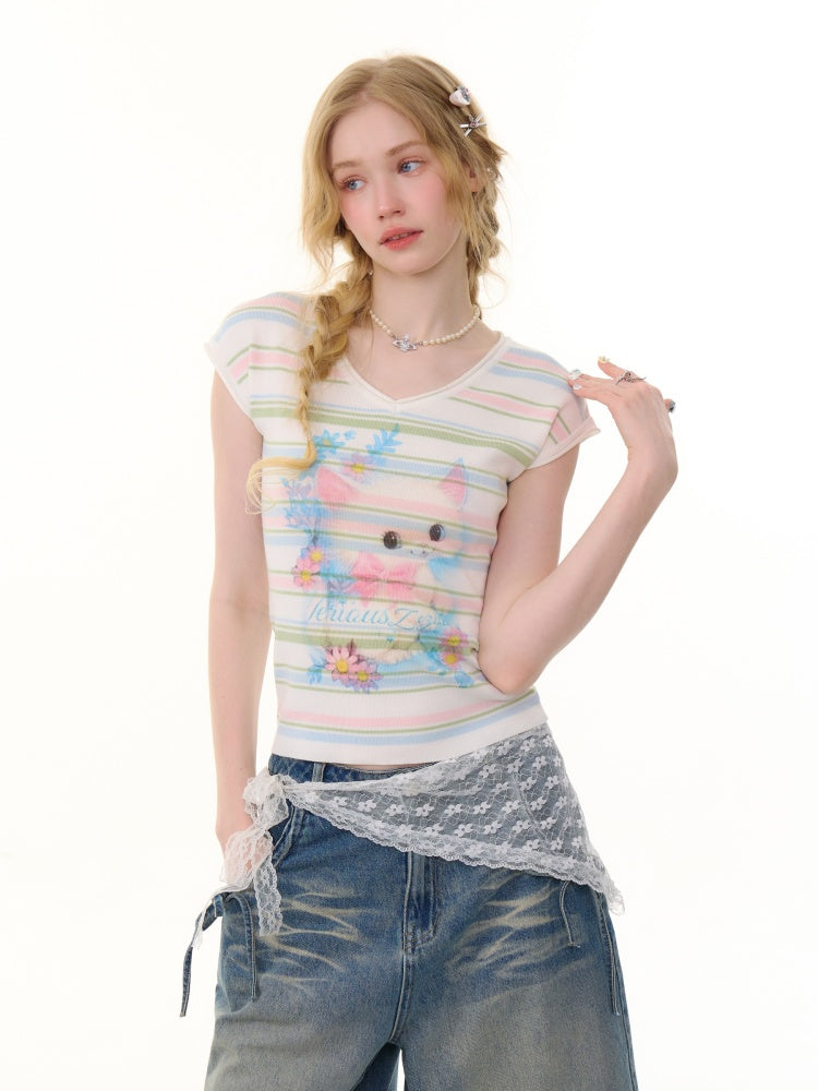 Color Striped Cat Print V-Neck Short Sleeve T-Shirt【s0000013071】
