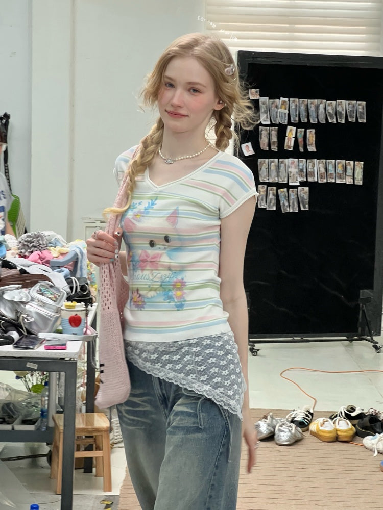 Color Striped Cat Print V-Neck Short Sleeve T-Shirt【s0000013071】