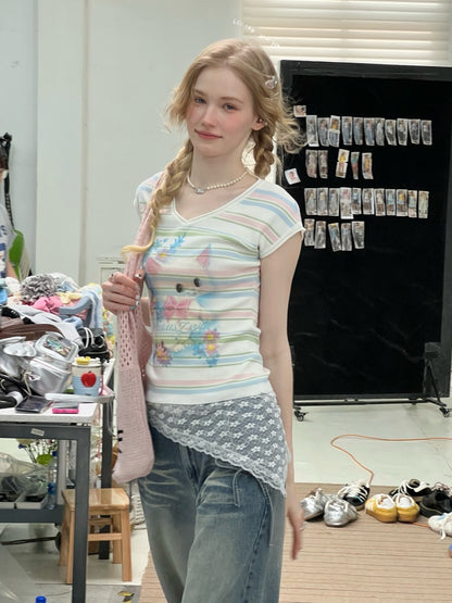 Color Striped Cat Print V-Neck Short Sleeve T-Shirt【s0000013071】