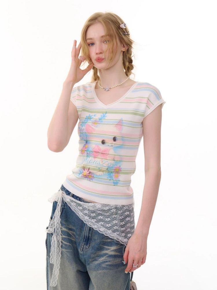 Color Striped Cat Print V-Neck Short Sleeve T-Shirt【s0000013071】