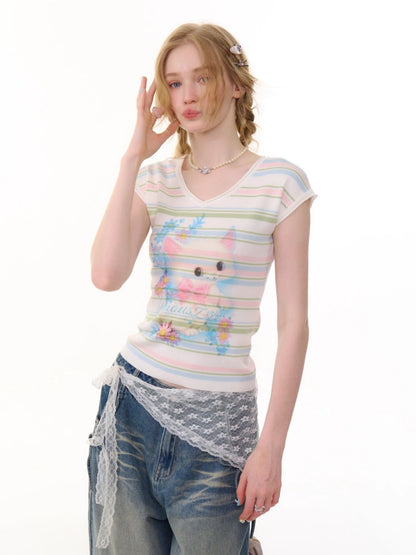 Color Striped Cat Print V-Neck Short Sleeve T-Shirt【s0000013071】