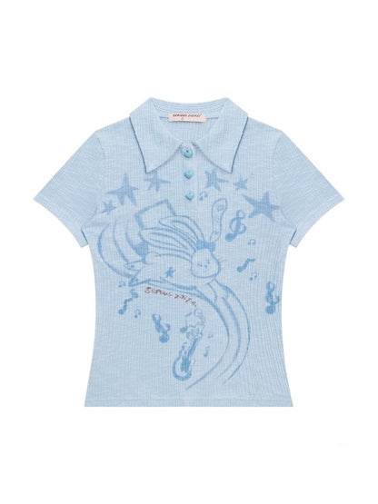 Rabbit Print Polo Neck Knitted Short Sleeve T-Shirt【s0000013072】