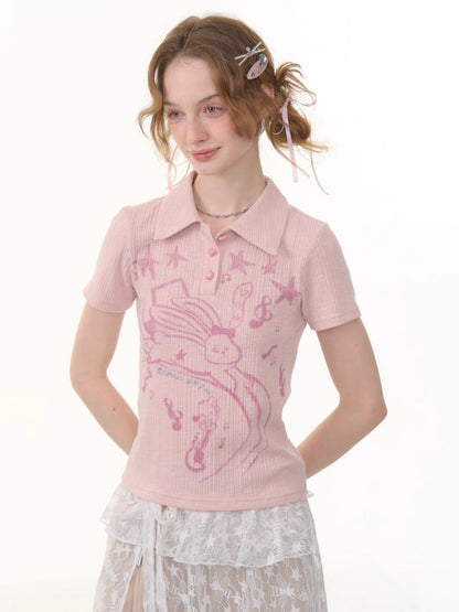 Rabbit Print Polo Neck Knitted Short Sleeve T-Shirt【s0000013072】